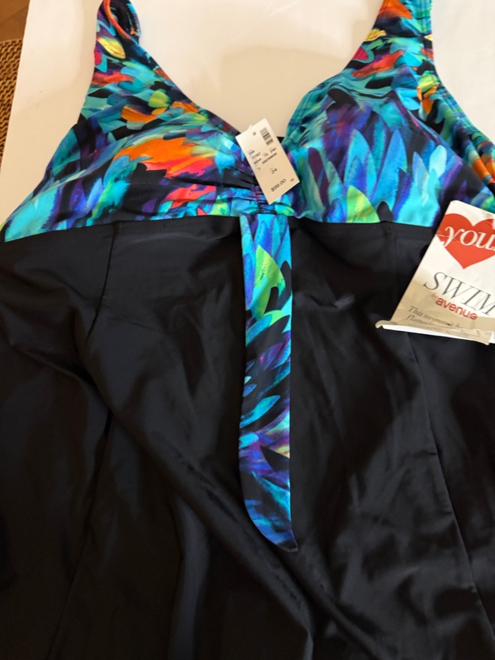 Avenue Black One-Piece Swimsuit with Teal Multi-Color Print Bust